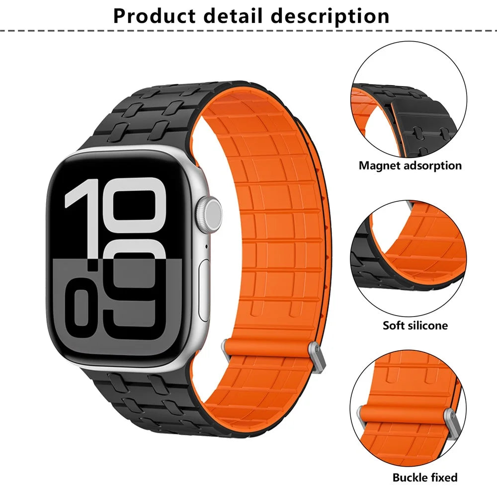 KALEBOL Magnetic Watch Band for Apple Watch Ultra 3 2 1 49mm / Series 11 10 46mm / 9 8 7 45mm / SE3 SE2 SE 6 5 4 44mm / 3 2 1 42mm Silicone Strap - Black + Orange - 4