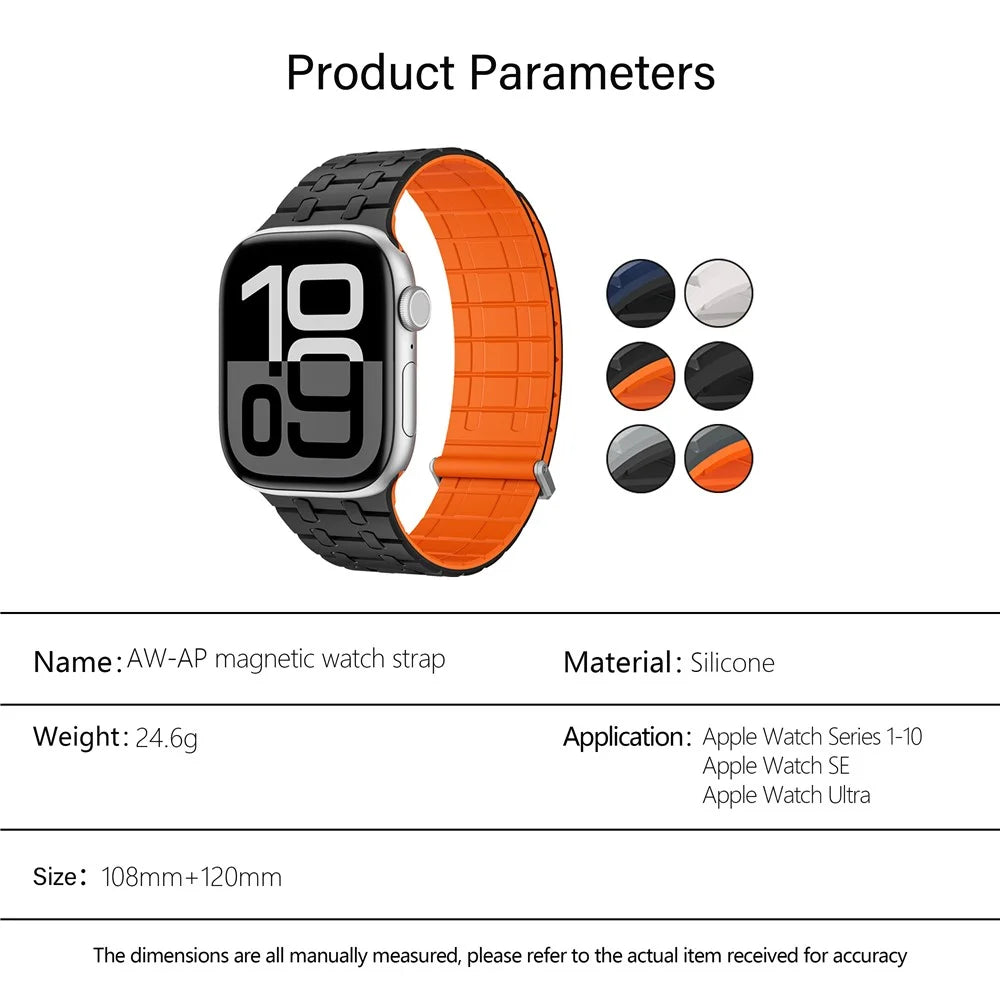 KALEBOL Magnetic Watch Band for Apple Watch Ultra 3 2 1 49mm / Series 11 10 46mm / 9 8 7 45mm / SE3 SE2 SE 6 5 4 44mm / 3 2 1 42mm Silicone Strap - Black + Orange - 5