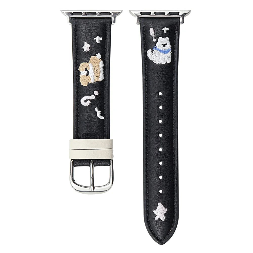 Leather Strap for Apple Watch Series 11 10 42mm / 9 8 7 41mm / SE3 SE2 SE 6 5 4 40mm / 3 2 1 38mm Cat Embroidery Adjustable Band - Black - 1