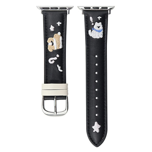 Leather Strap for Apple Watch Series 11 10 42mm / 9 8 7 41mm / SE3 SE2 SE 6 5 4 40mm / 3 2 1 38mm Cat Embroidery Adjustable Band - Black - 1