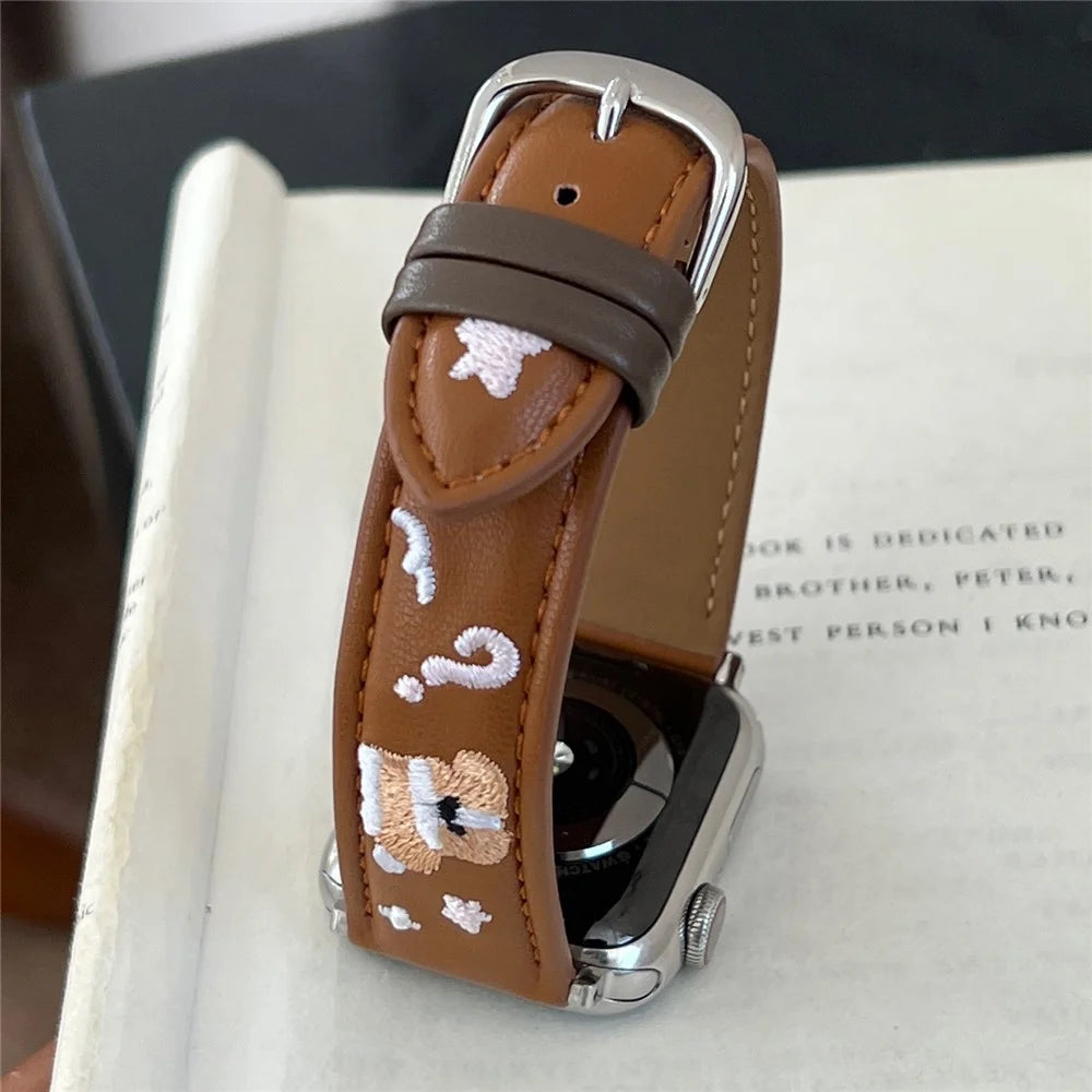 Leather Strap for Apple Watch Series 11 10 42mm / 9 8 7 41mm / SE3 SE2 SE 6 5 4 40mm / 3 2 1 38mm Cat Embroidery Adjustable Band - Black - 3