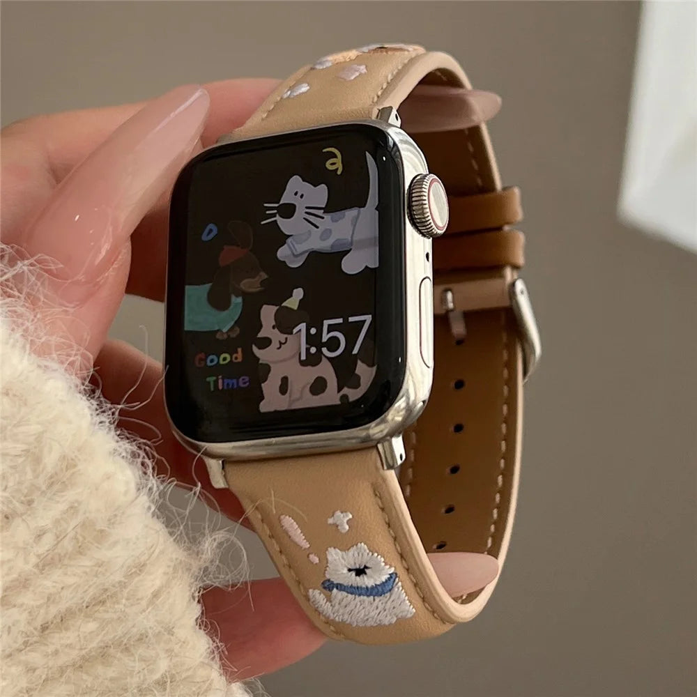 Leather Strap for Apple Watch Series 11 10 42mm / 9 8 7 41mm / SE3 SE2 SE 6 5 4 40mm / 3 2 1 38mm Cat Embroidery Adjustable Band - Black - 4