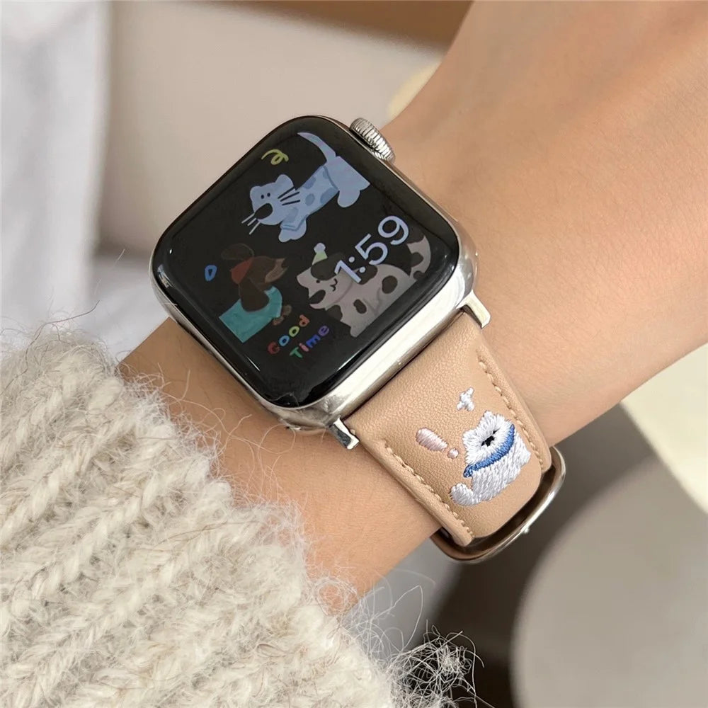 Leather Strap for Apple Watch Series 11 10 42mm / 9 8 7 41mm / SE3 SE2 SE 6 5 4 40mm / 3 2 1 38mm Cat Embroidery Adjustable Band - Black - 5