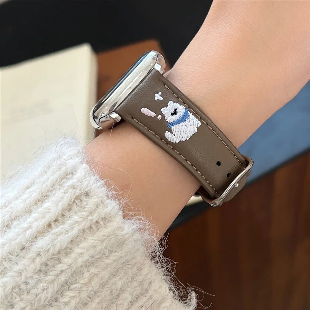 Leather Strap for Apple Watch Series 11 10 42mm / 9 8 7 41mm / SE3 SE2 SE 6 5 4 40mm / 3 2 1 38mm Cat Embroidery Adjustable Band - Black - 6