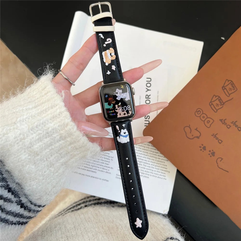 Leather Strap for Apple Watch Series 11 10 42mm / 9 8 7 41mm / SE3 SE2 SE 6 5 4 40mm / 3 2 1 38mm Cat Embroidery Adjustable Band - Black - 7
