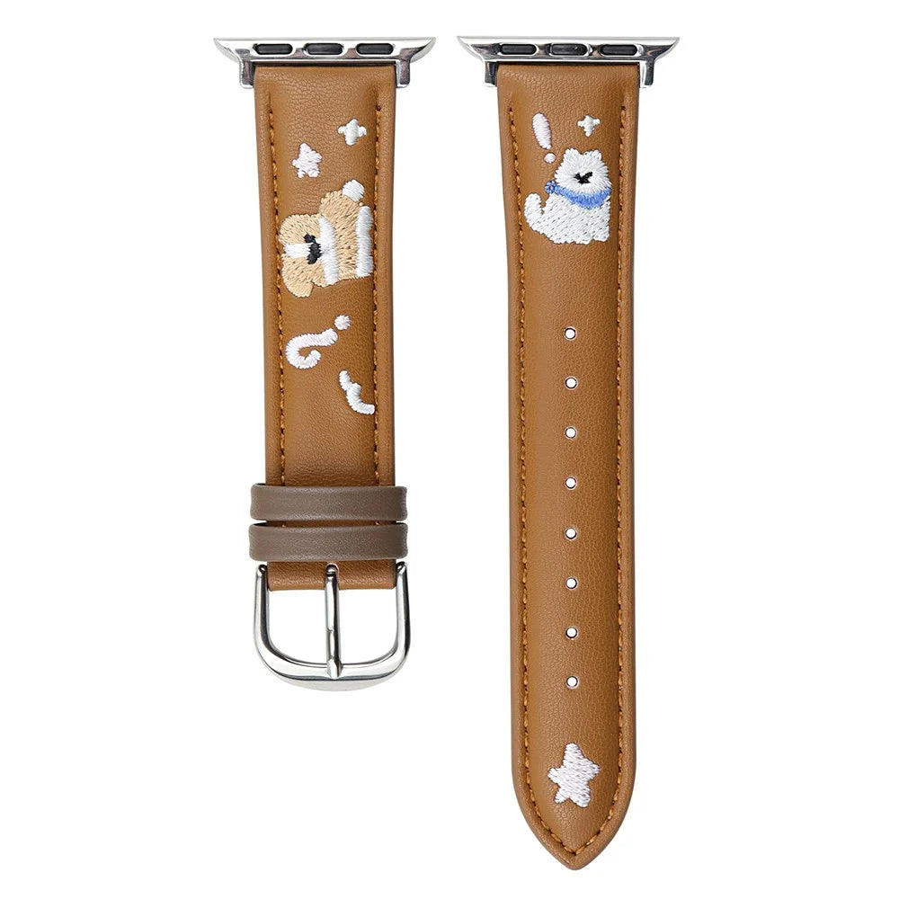 Leather Strap for Apple Watch Ultra 3 2 1 49mm / Series 11 10 46mm / 9 8 7 45mm / SE3 SE2 SE 6 5 4 44mm / 3 2 1 42mm Cat Embroidery Adjustable Band - Brown - 1