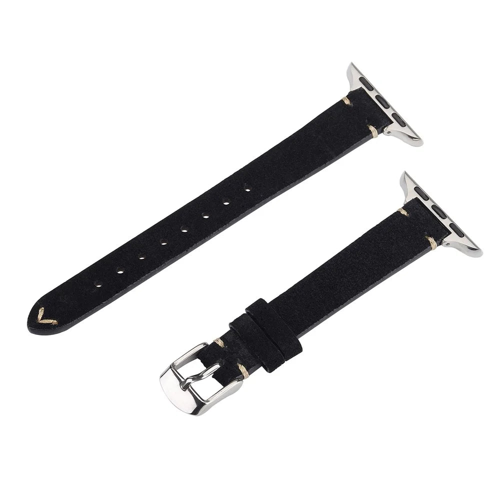 Watch Band for Apple Watch Series 11 10 42mm / 9 8 7 41mm / SE3 SE2 SE 6 5 4 40mm / 3 2 1 38mm Genuine Cow Leather Simple Matte Strap - Black - 1
