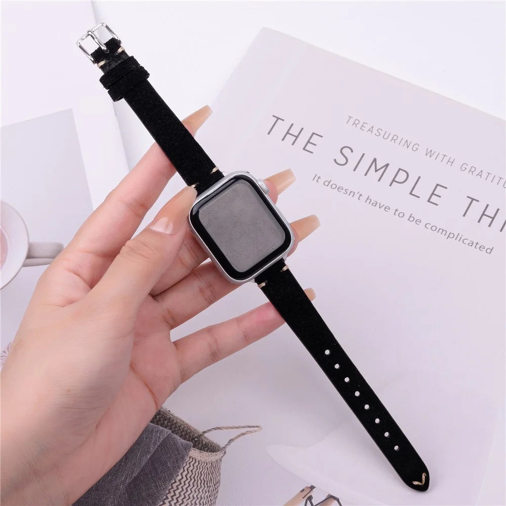 Watch Band for Apple Watch Series 11 10 42mm / 9 8 7 41mm / SE3 SE2 SE 6 5 4 40mm / 3 2 1 38mm Genuine Cow Leather Simple Matte Strap - Black - 2