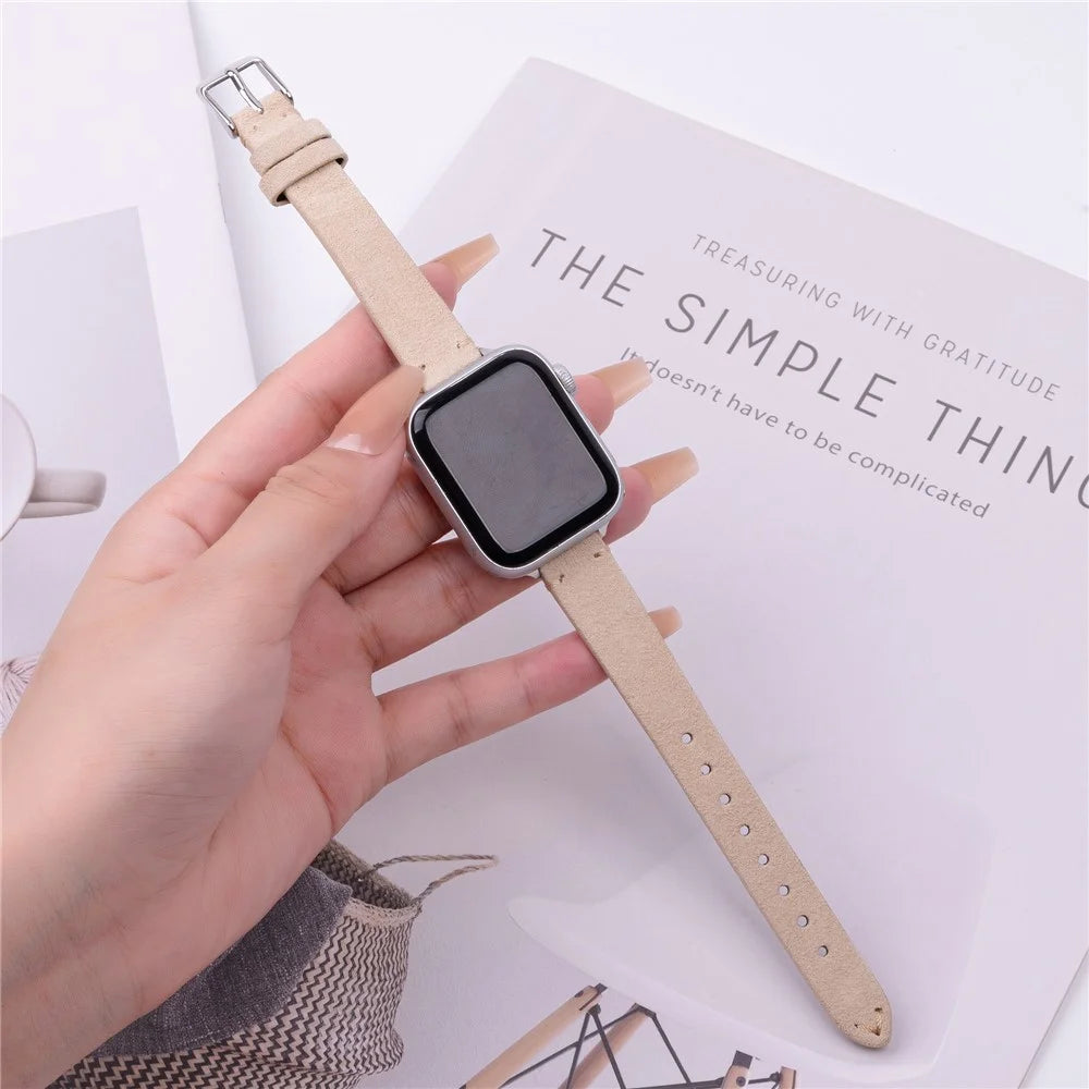 Watch Band for Apple Watch Ultra 3 2 1 49mm / Series 11 10 46mm / 9 8 7 45mm / SE3 SE2 SE 6 5 4 44mm / 3 2 1 42mm Genuine Cow Leather Simple Matte Strap - Khaki - 2