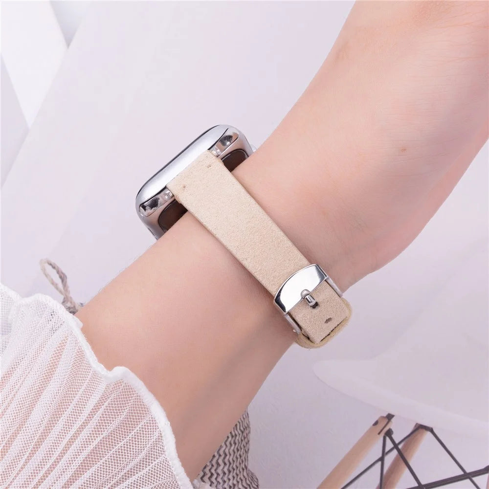 Watch Band for Apple Watch Ultra 3 2 1 49mm / Series 11 10 46mm / 9 8 7 45mm / SE3 SE2 SE 6 5 4 44mm / 3 2 1 42mm Genuine Cow Leather Simple Matte Strap - Khaki - 3