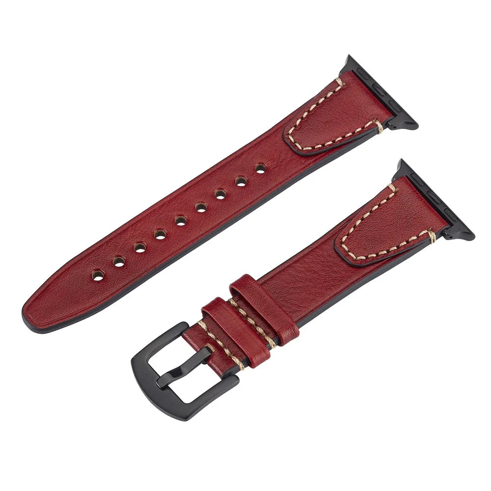 Watch Band for Apple Watch Ultra 3 2 1 49mm / Series 11 10 46mm / 9 8 7 45mm / SE3 SE2 SE 6 5 4 44mm / 3 2 1 42mm U-Shaped Design Genuine Cow Leather Strap - Red - 1