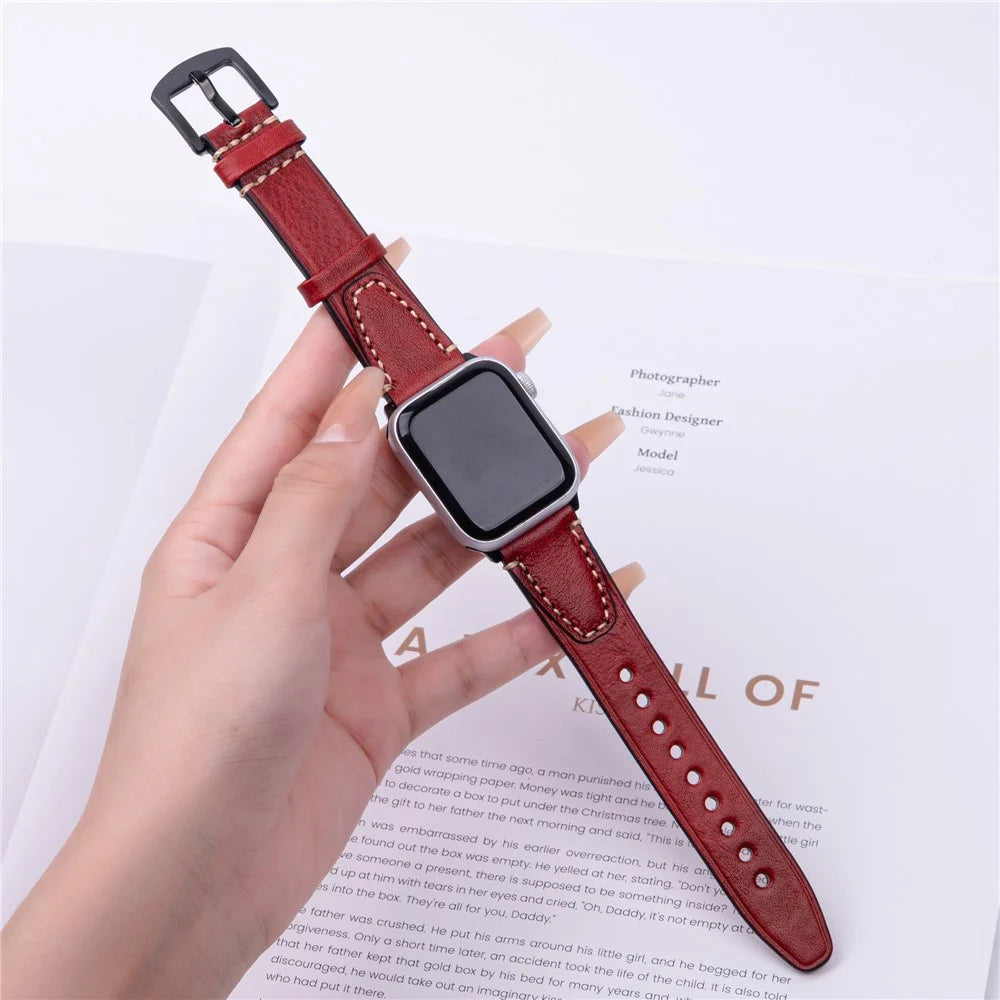 Watch Band for Apple Watch Ultra 3 2 1 49mm / Series 11 10 46mm / 9 8 7 45mm / SE3 SE2 SE 6 5 4 44mm / 3 2 1 42mm U-Shaped Design Genuine Cow Leather Strap - Red - 2