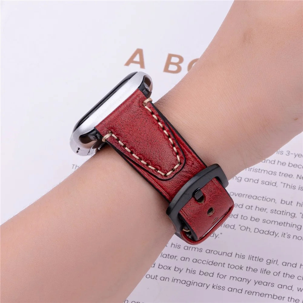 Watch Band for Apple Watch Ultra 3 2 1 49mm / Series 11 10 46mm / 9 8 7 45mm / SE3 SE2 SE 6 5 4 44mm / 3 2 1 42mm U-Shaped Design Genuine Cow Leather Strap - Red - 3