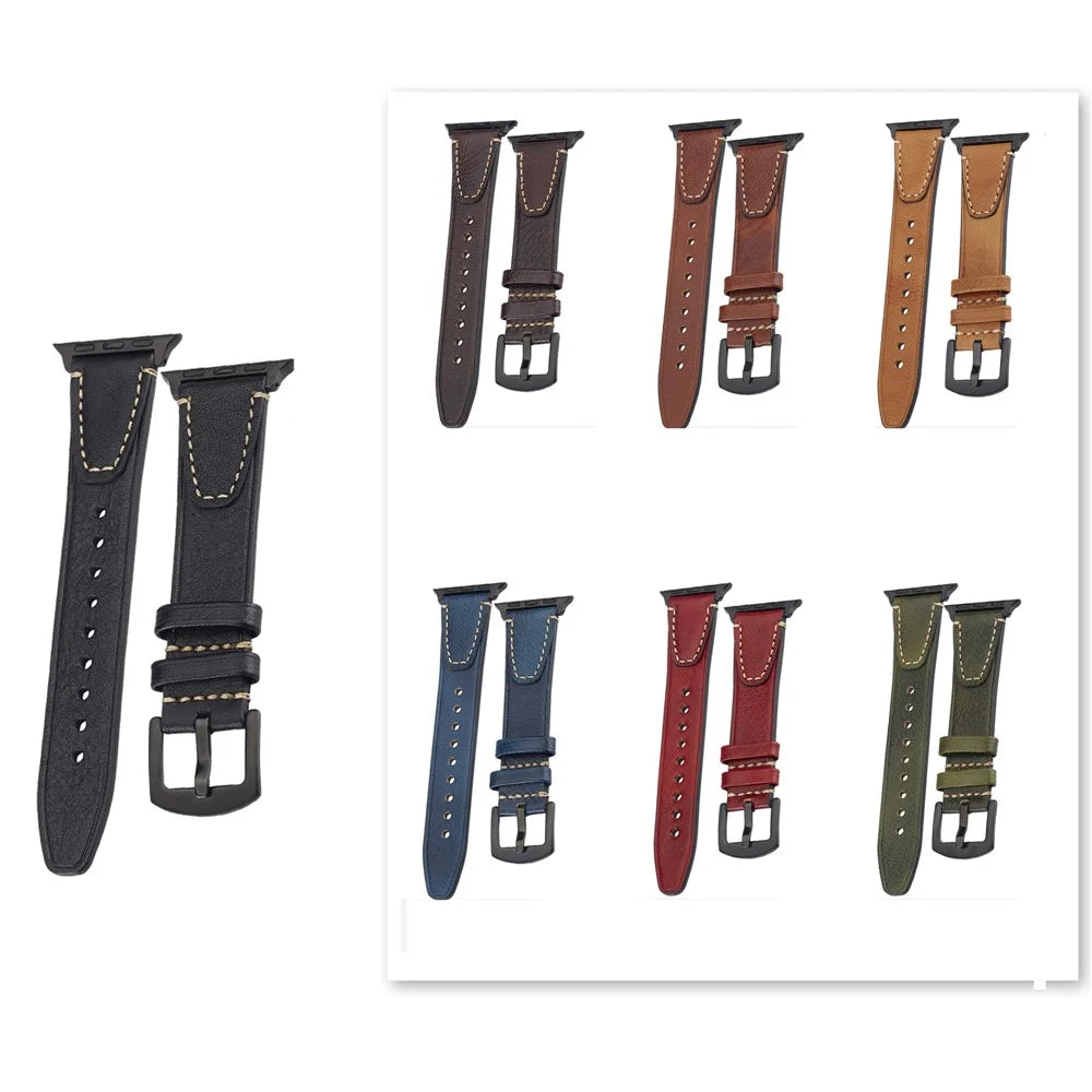 Watch Band for Apple Watch Ultra 3 2 1 49mm / Series 11 10 46mm / 9 8 7 45mm / SE3 SE2 SE 6 5 4 44mm / 3 2 1 42mm U-Shaped Design Genuine Cow Leather Strap - Red - 4