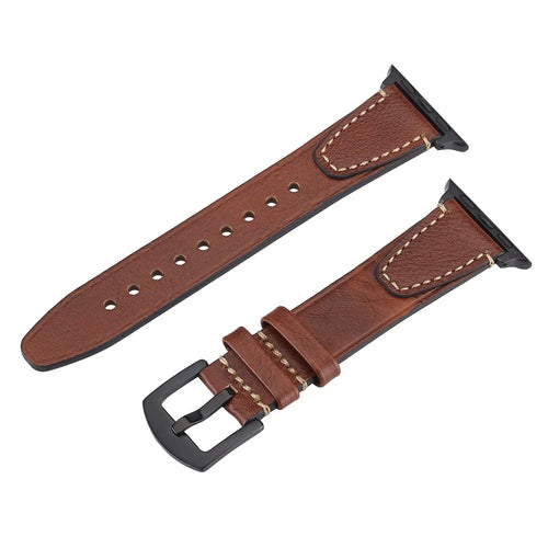Watch Band for Apple Watch Series 11 10 42mm / 9 8 7 41mm / SE3 SE2 SE 6 5 4 40mm / 3 2 1 38mm U-Shaped Design Genuine Cow Leather Strap - Brown - 1