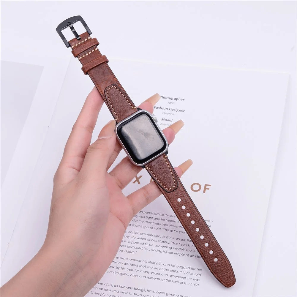 Watch Band for Apple Watch Series 11 10 42mm / 9 8 7 41mm / SE3 SE2 SE 6 5 4 40mm / 3 2 1 38mm U-Shaped Design Genuine Cow Leather Strap - Brown - 2