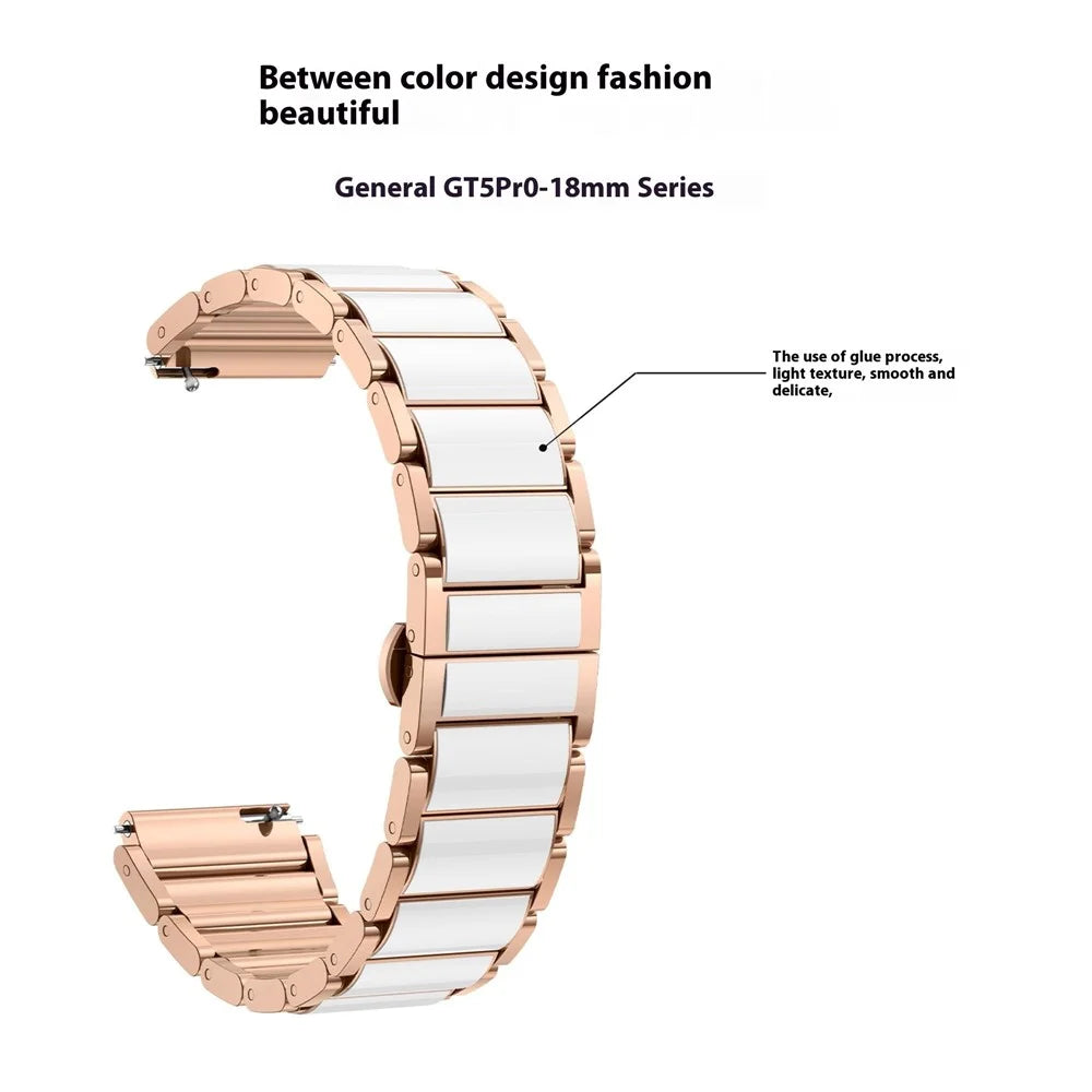 18mm Ceramic Metal Watch Band For Huawei Watch GT 5 Pro 42mm  /  GT 5 41mm  /  GT 4 41mm Quick Release Butterfly Clasp Strap - White  /  Rose Gold - 3