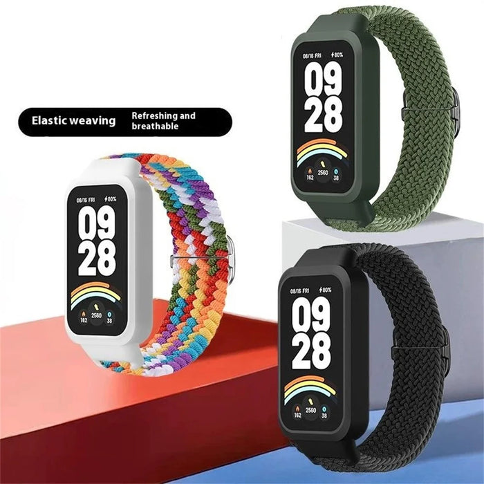 For Xiaomi Smart Band 9 Active / Redmi Band 3 Woven Nylon Strap Snap-On Case Watch Band - Rainbow - 5