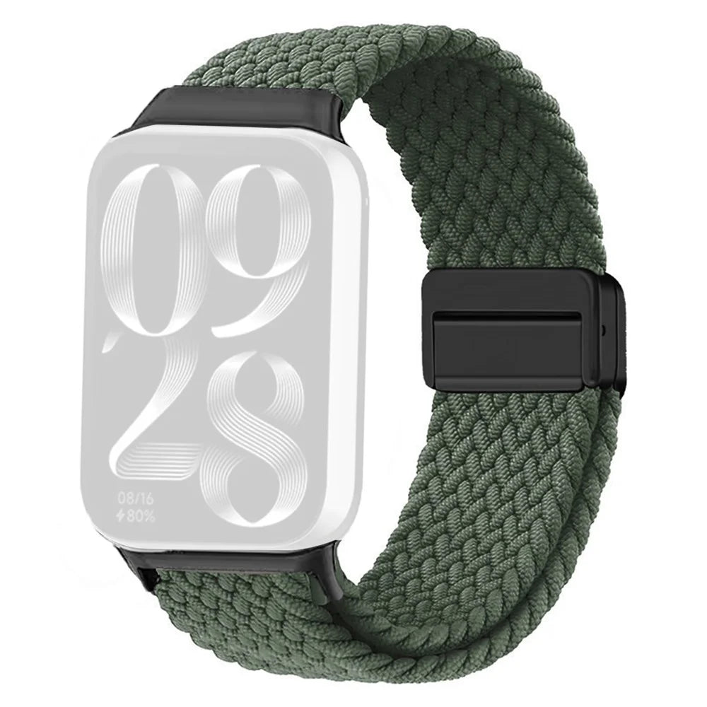 Watch Strap For Xiaomi Smart Band 10 Pro / 9 Pro / 8 Pro / Redmi Watch 6 / 5 / 4 Magnetic Stretchy Nylon Woven Band - Olive Green + Black Buckle - 1