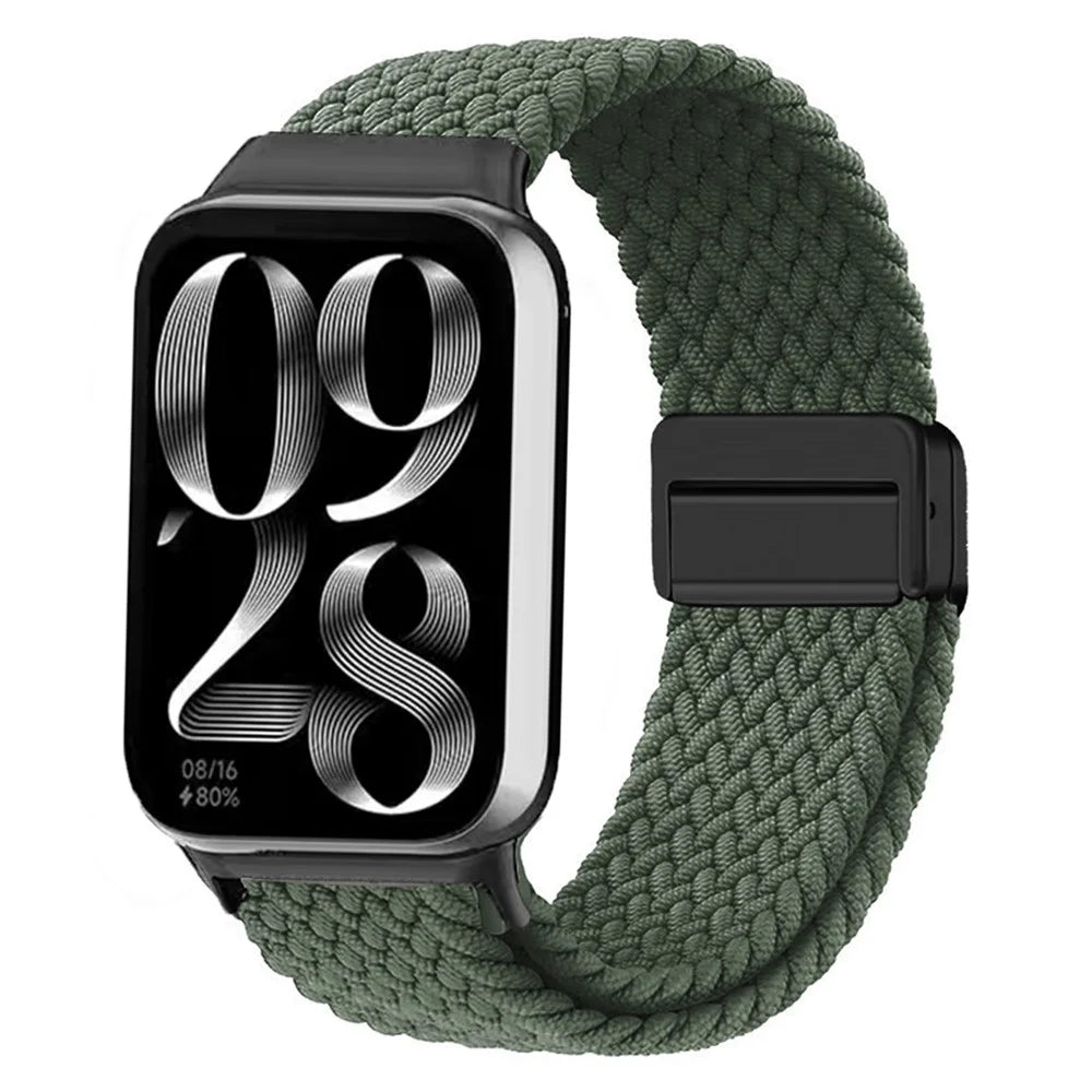 Watch Strap For Xiaomi Smart Band 10 Pro / 9 Pro / 8 Pro / Redmi Watch 6 / 5 / 4 Magnetic Stretchy Nylon Woven Band - Olive Green + Black Buckle - 2