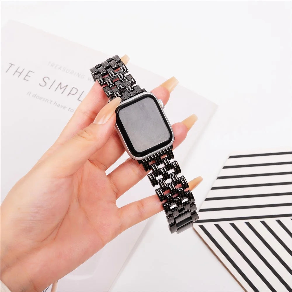 5-Bead Stripe Watch Strap for Apple Watch Ultra 3 2 1 49mm / Series 11 10 46mm / 9 8 7 45mm / SE3 SE2 SE 6 5 4 44mm / 3 2 1 42mm Stainless Steel Wrist Band - Black - 4
