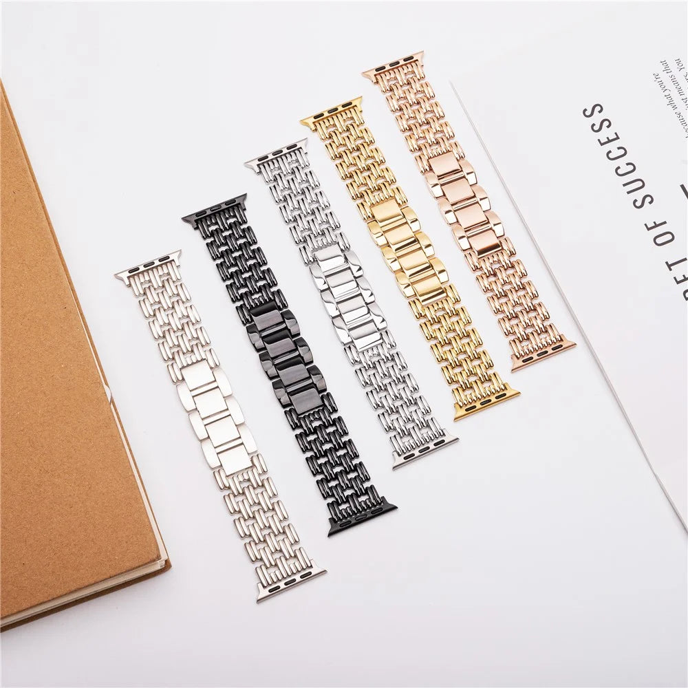 5-Bead Stripe Watch Strap for Apple Watch Series 11 10 42mm / 9 8 7 41mm / SE3 SE2 SE 6 5 4 40mm / 3 2 1 38mm Stainless Steel Wrist Band - Black - 5