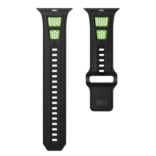Sporty Watch Band for Apple Watch Ultra 3 2 1 49mm / Series 11 10 46mm / 9 8 7 45mm / SE3 SE2 SE 6 5 4 44mm / 3 2 1 42mm Dual Color Holes Design Silicone Strap - Black+Green - 1
