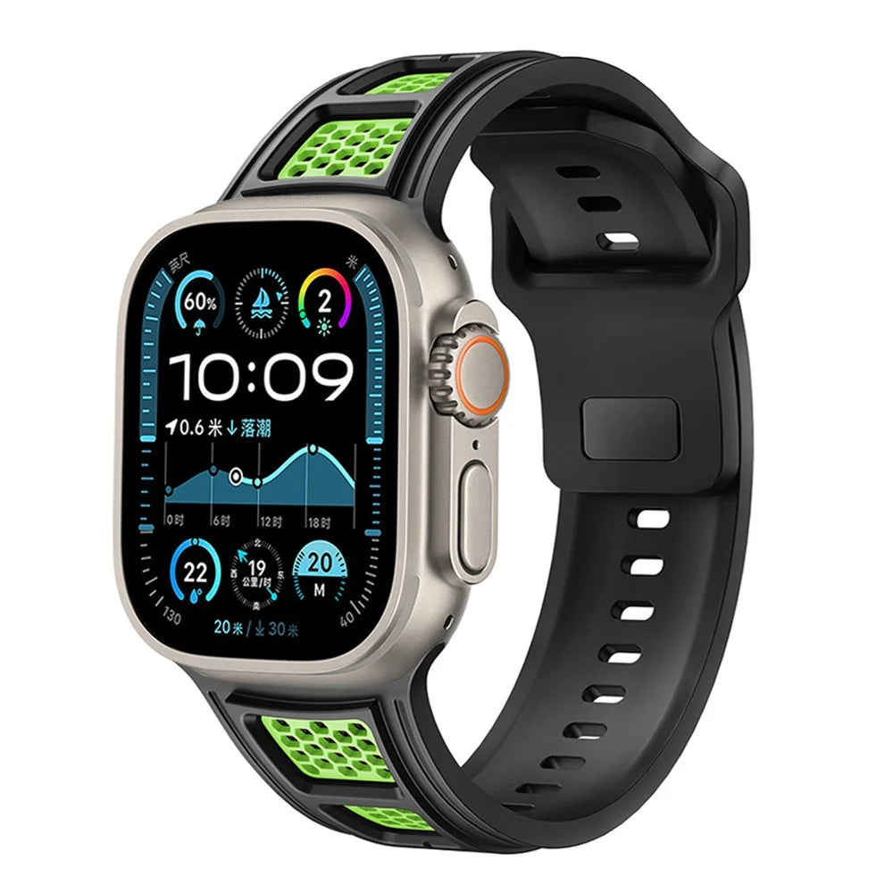 Sporty Watch Band for Apple Watch Ultra 3 2 1 49mm / Series 11 10 46mm / 9 8 7 45mm / SE3 SE2 SE 6 5 4 44mm / 3 2 1 42mm Dual Color Holes Design Silicone Strap - Black+Green - 2