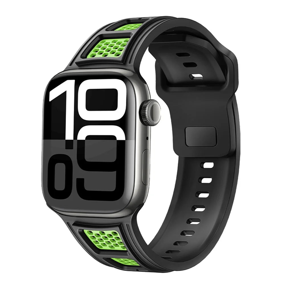 Sporty Watch Band for Apple Watch Ultra 3 2 1 49mm / Series 11 10 46mm / 9 8 7 45mm / SE3 SE2 SE 6 5 4 44mm / 3 2 1 42mm Dual Color Holes Design Silicone Strap - Black+Green - 3
