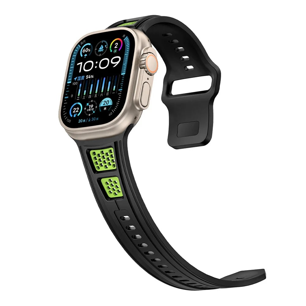 Sporty Watch Band for Apple Watch Ultra 3 2 1 49mm / Series 11 10 46mm / 9 8 7 45mm / SE3 SE2 SE 6 5 4 44mm / 3 2 1 42mm Dual Color Holes Design Silicone Strap - Black+Green - 4