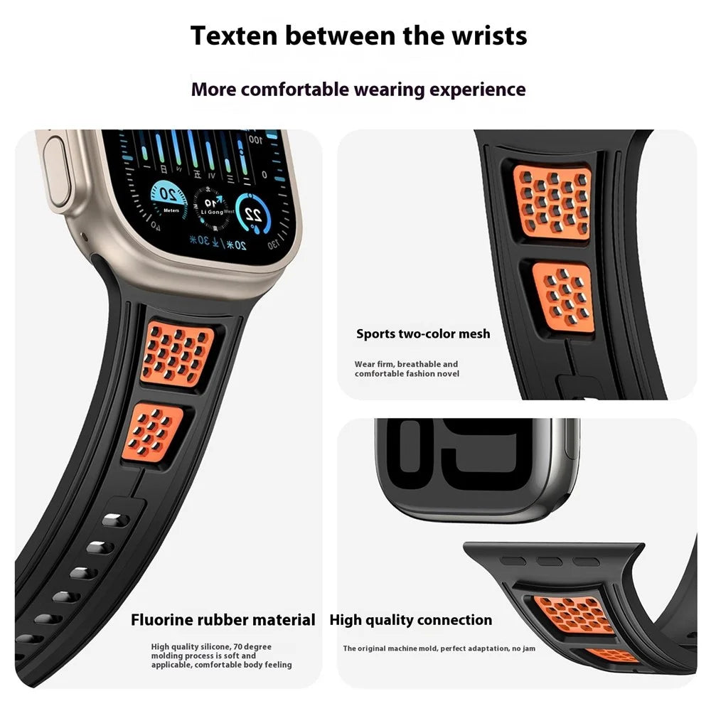 Sporty Watch Band for Apple Watch Ultra 3 2 1 49mm / Series 11 10 46mm / 9 8 7 45mm / SE3 SE2 SE 6 5 4 44mm / 3 2 1 42mm Dual Color Holes Design Silicone Strap - Black+Green - 7