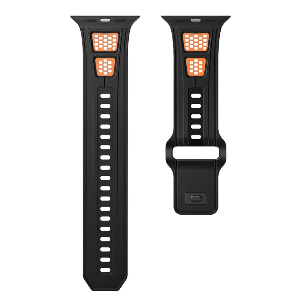 Sporty Watch Band for Apple Watch Series 11 10 42mm / 9 8 7 41mm / SE3 SE2 SE 6 5 4 40mm / 3 2 1 38mm Dual Color Holes Design Silicone Strap - Black+Orange - 1