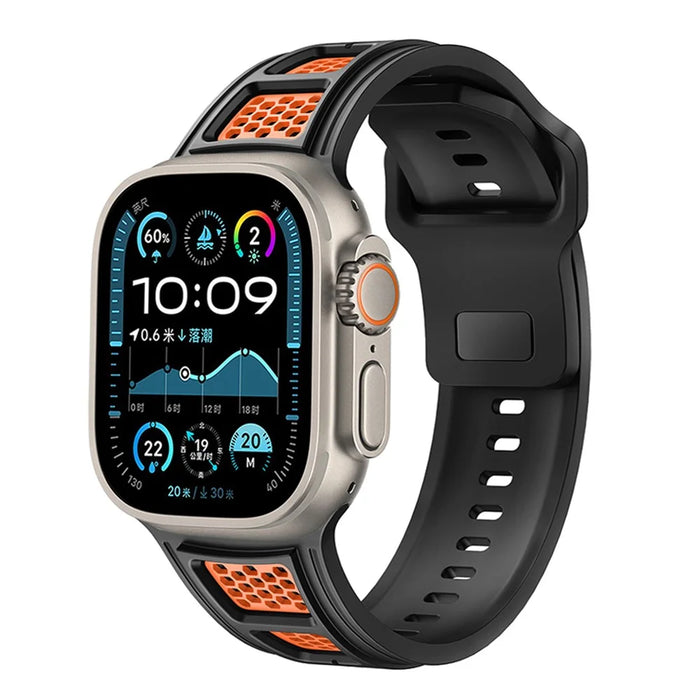 Sporty Watch Band for Apple Watch Series 11 10 42mm / 9 8 7 41mm / SE3 SE2 SE 6 5 4 40mm / 3 2 1 38mm Dual Color Holes Design Silicone Strap - Black+Orange - 2