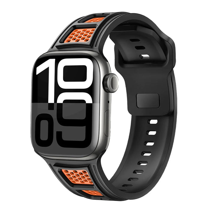 Sporty Watch Band for Apple Watch Series 11 10 42mm / 9 8 7 41mm / SE3 SE2 SE 6 5 4 40mm / 3 2 1 38mm Dual Color Holes Design Silicone Strap - Black+Orange - 3