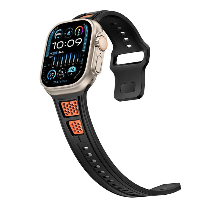 Sporty Watch Band for Apple Watch Series 11 10 42mm / 9 8 7 41mm / SE3 SE2 SE 6 5 4 40mm / 3 2 1 38mm Dual Color Holes Design Silicone Strap - Black+Orange - 4
