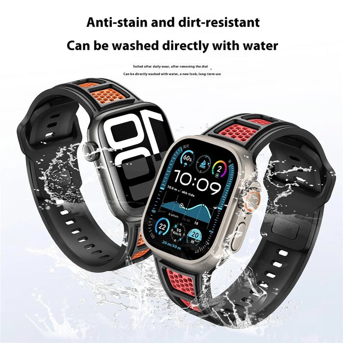 Sporty Watch Band for Apple Watch Series 11 10 42mm / 9 8 7 41mm / SE3 SE2 SE 6 5 4 40mm / 3 2 1 38mm Dual Color Holes Design Silicone Strap - Black+Orange - 6