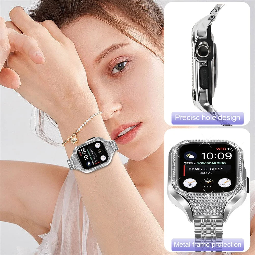 Bulk Purchasing Metal Band with Watch Case For Apple Watch Series 9 8 7 41mm , 7-Bead Silver Stainless Steel Watch Strap - 3