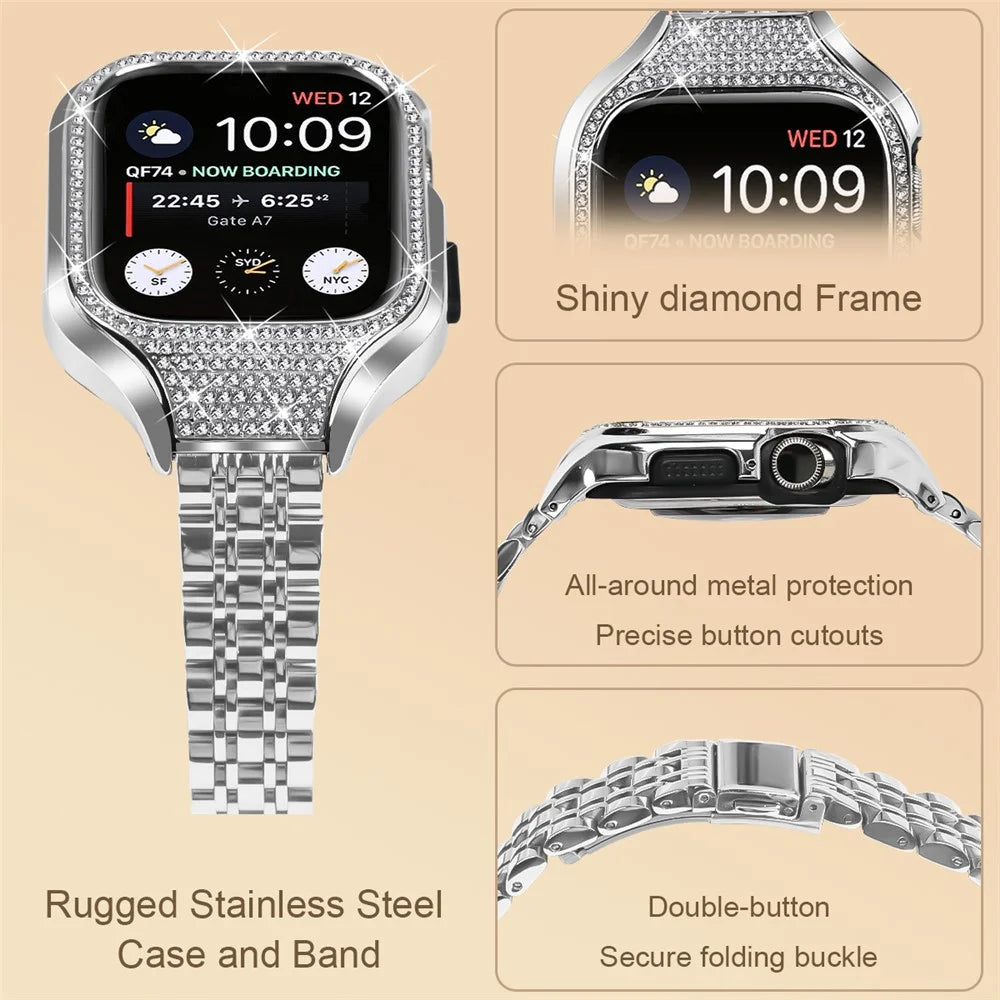 Bulk Purchasing Metal Band with Watch Case For Apple Watch Series 9 8 7 41mm , 7-Bead Silver Stainless Steel Watch Strap - 6