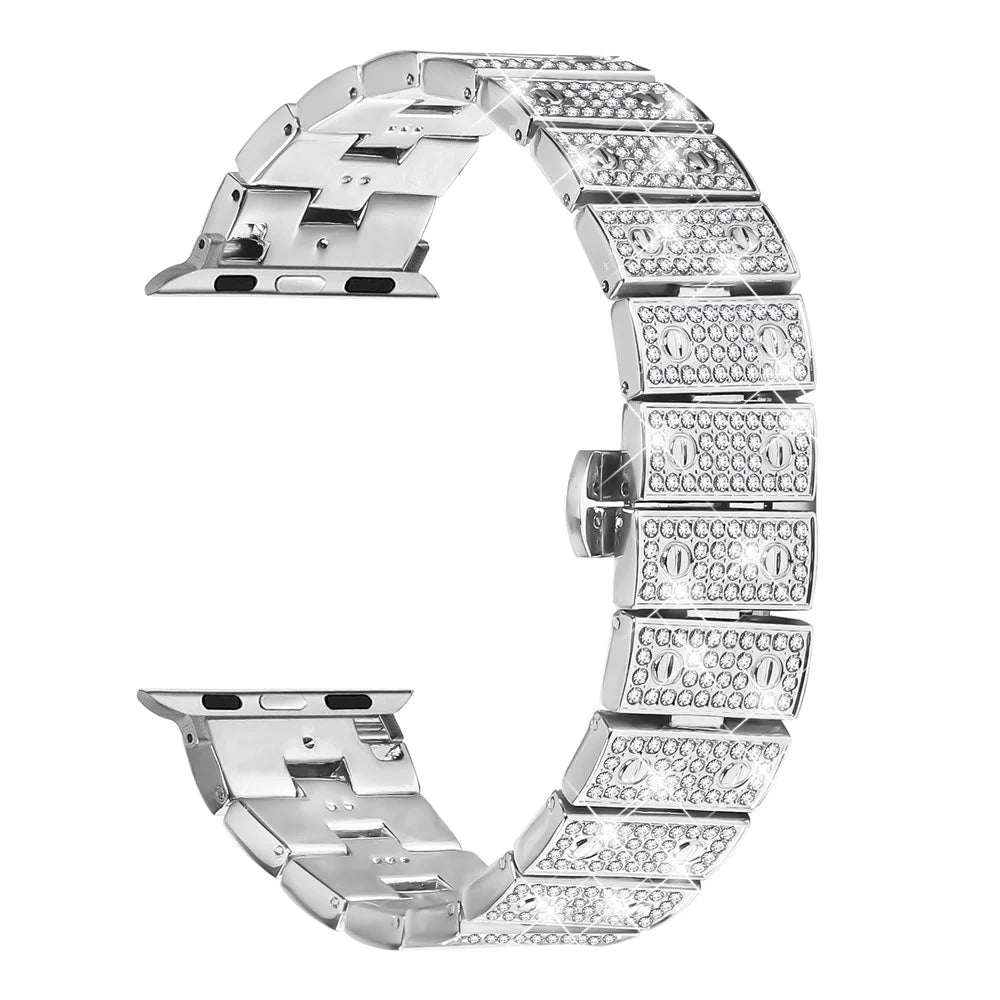 Watch Band For Apple Watch Series 11 10 42mm / 9 8 7 41mm / SE3 SE2 SE 6 5 4 40mm / 3 2 1 38mm Alloy Metal Rhinestones Decor Strap with Butterfly Clasp - Silver - 1