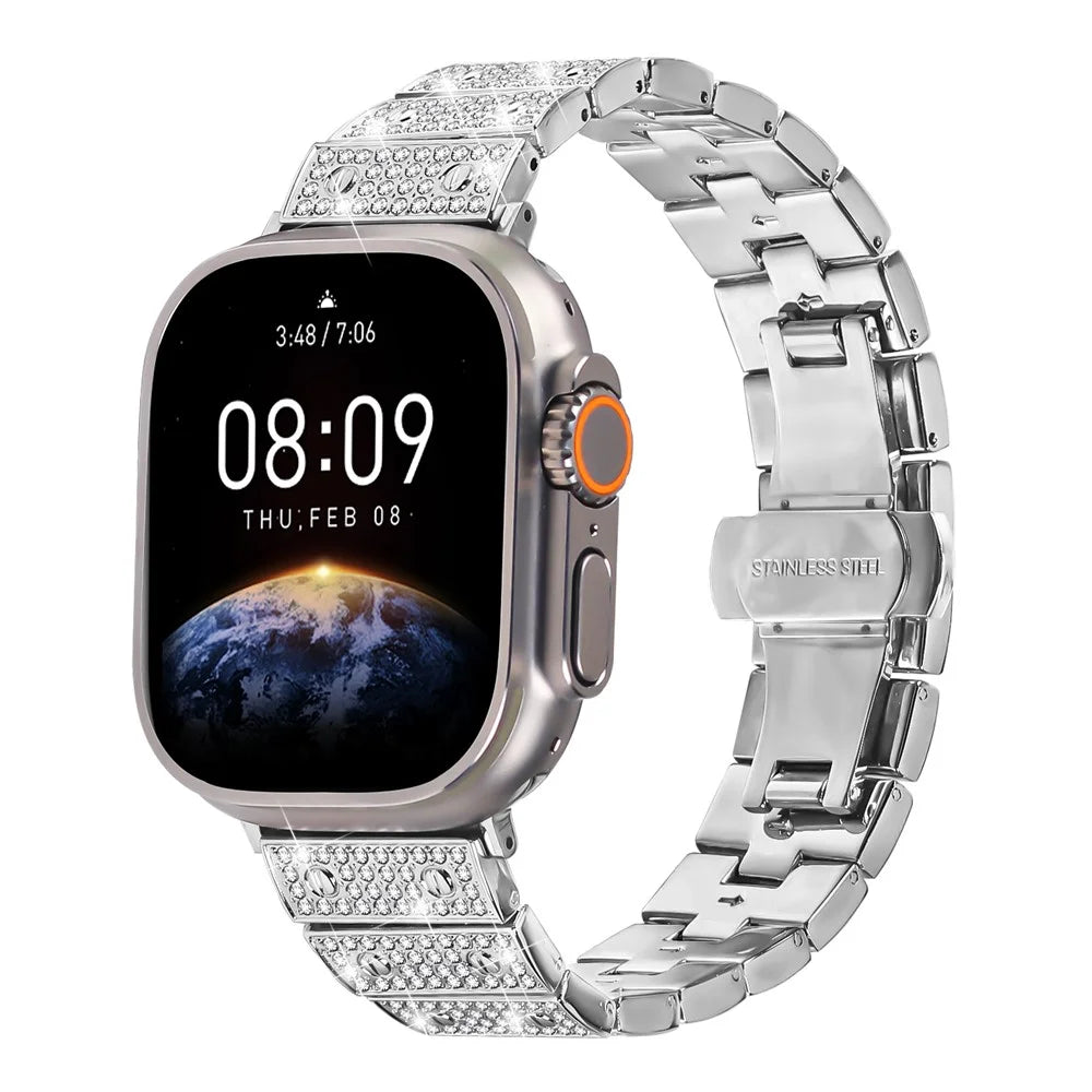 Watch Band For Apple Watch Series 11 10 42mm / 9 8 7 41mm / SE3 SE2 SE 6 5 4 40mm / 3 2 1 38mm Alloy Metal Rhinestones Decor Strap with Butterfly Clasp - Silver - 2