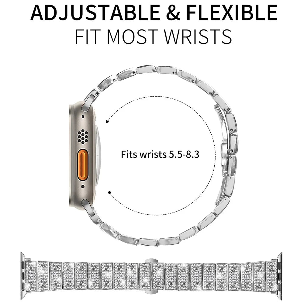 Watch Band For Apple Watch Series 11 10 42mm / 9 8 7 41mm / SE3 SE2 SE 6 5 4 40mm / 3 2 1 38mm Alloy Metal Rhinestones Decor Strap with Butterfly Clasp - Silver - 6