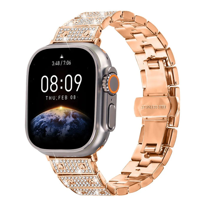 Watch Band For Apple Watch Ultra 3 2 1 49mm / Series 11 10 46mm / 9 8 7 45mm / SE3 SE2 SE 6 5 4 44mm / 3 2 1 42mm Alloy Rhinestones Decor Strap - Rose Gold - 2