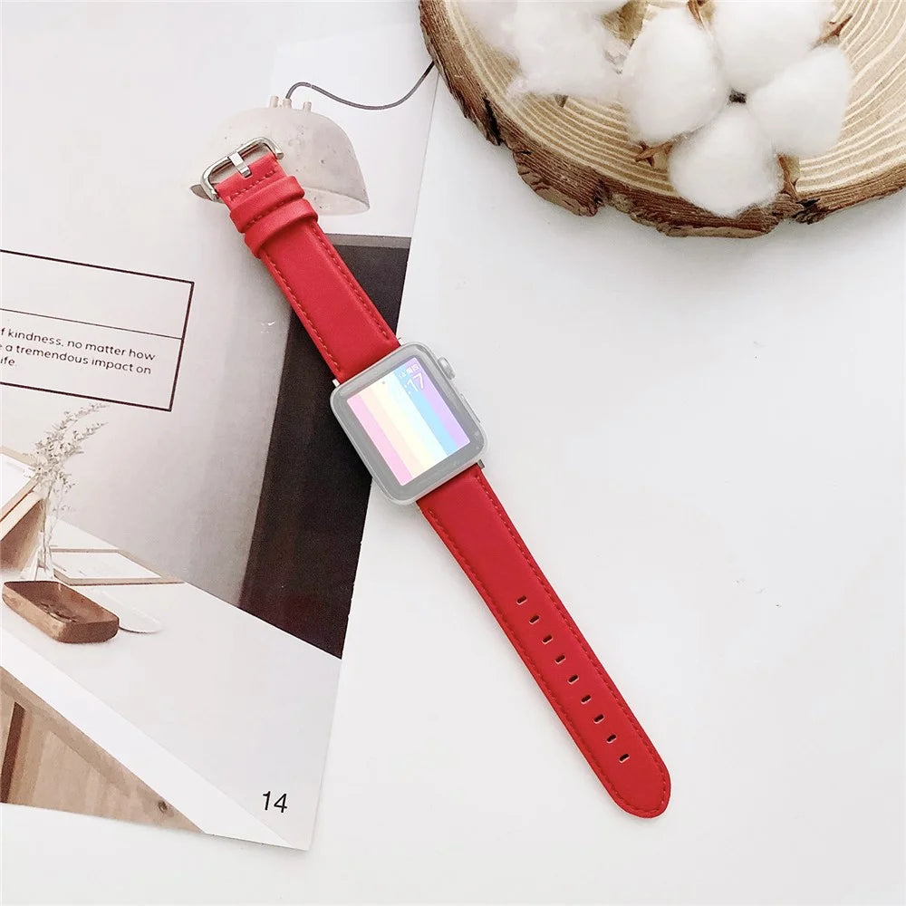 22mm Solid Color Genuine Leather Watch Band for Apple Watch Series 11 10 42mm / 9 8 7 41mm / SE3 SE2 SE 6 5 4 40mm / 3 2 1 38mm - Red - 1