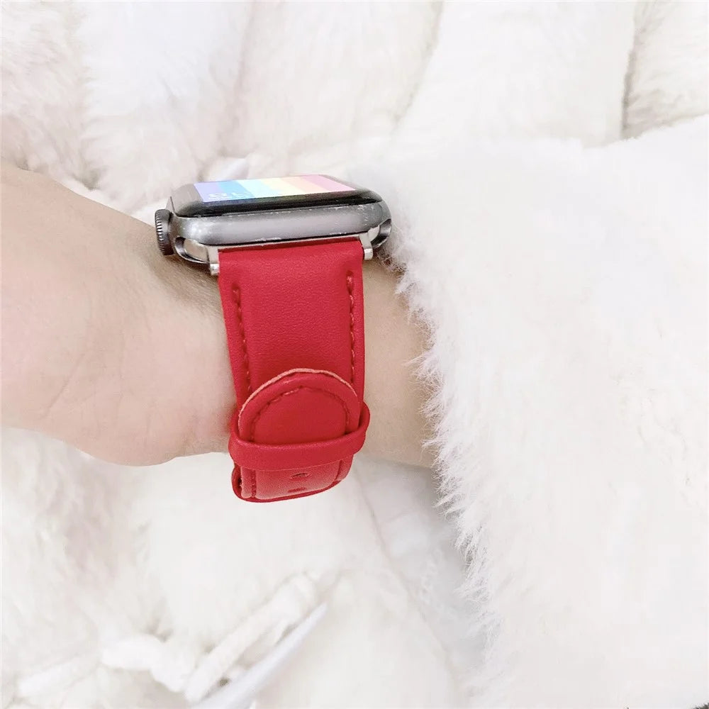 22mm Solid Color Genuine Leather Watch Band for Apple Watch Series 11 10 42mm / 9 8 7 41mm / SE3 SE2 SE 6 5 4 40mm / 3 2 1 38mm - Red - 2