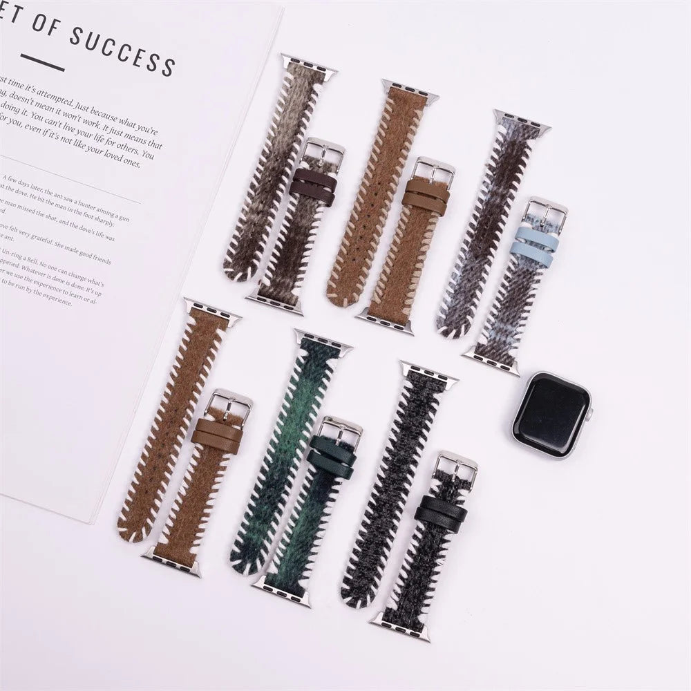 Watch Strap for Apple Watch Ultra 3 2 1 49mm / Series 11 10 46mm / 9 8 7 45mm / SE3 SE2 SE 6 5 4 44mm / 3 2 1 42mm Woolen Fabric Hand-Stitched Band - White+Brown - 4