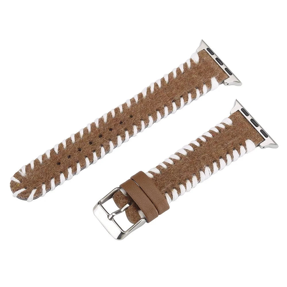 Watch Strap for Apple Watch Series 11 10 42mm / 9 8 7 41mm / SE3 SE2 SE 6 5 4 40mm / 3 2 1 38mm Woolen Fabric Hand-Stitched Band - White+Brown - 1