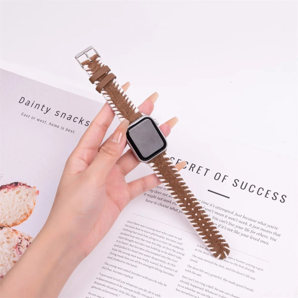 Watch Strap for Apple Watch Series 11 10 42mm / 9 8 7 41mm / SE3 SE2 SE 6 5 4 40mm / 3 2 1 38mm Woolen Fabric Hand-Stitched Band - White+Brown - 2