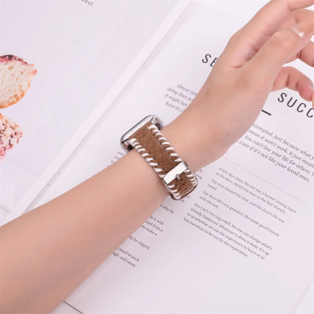 Watch Strap for Apple Watch Series 11 10 42mm / 9 8 7 41mm / SE3 SE2 SE 6 5 4 40mm / 3 2 1 38mm Woolen Fabric Hand-Stitched Band - White+Brown - 3