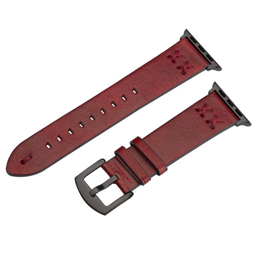 Watch Strap for Apple Watch Series 11 10 42mm / 9 8 7 41mm / SE3 SE2 SE 6 5 4 40mm / 3 2 1 38mm Hand Stitched Lines Genuine Cow Leather Band - Red - 1