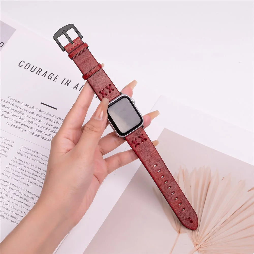 Watch Strap for Apple Watch Series 11 10 42mm / 9 8 7 41mm / SE3 SE2 SE 6 5 4 40mm / 3 2 1 38mm Hand Stitched Lines Genuine Cow Leather Band - Red - 2